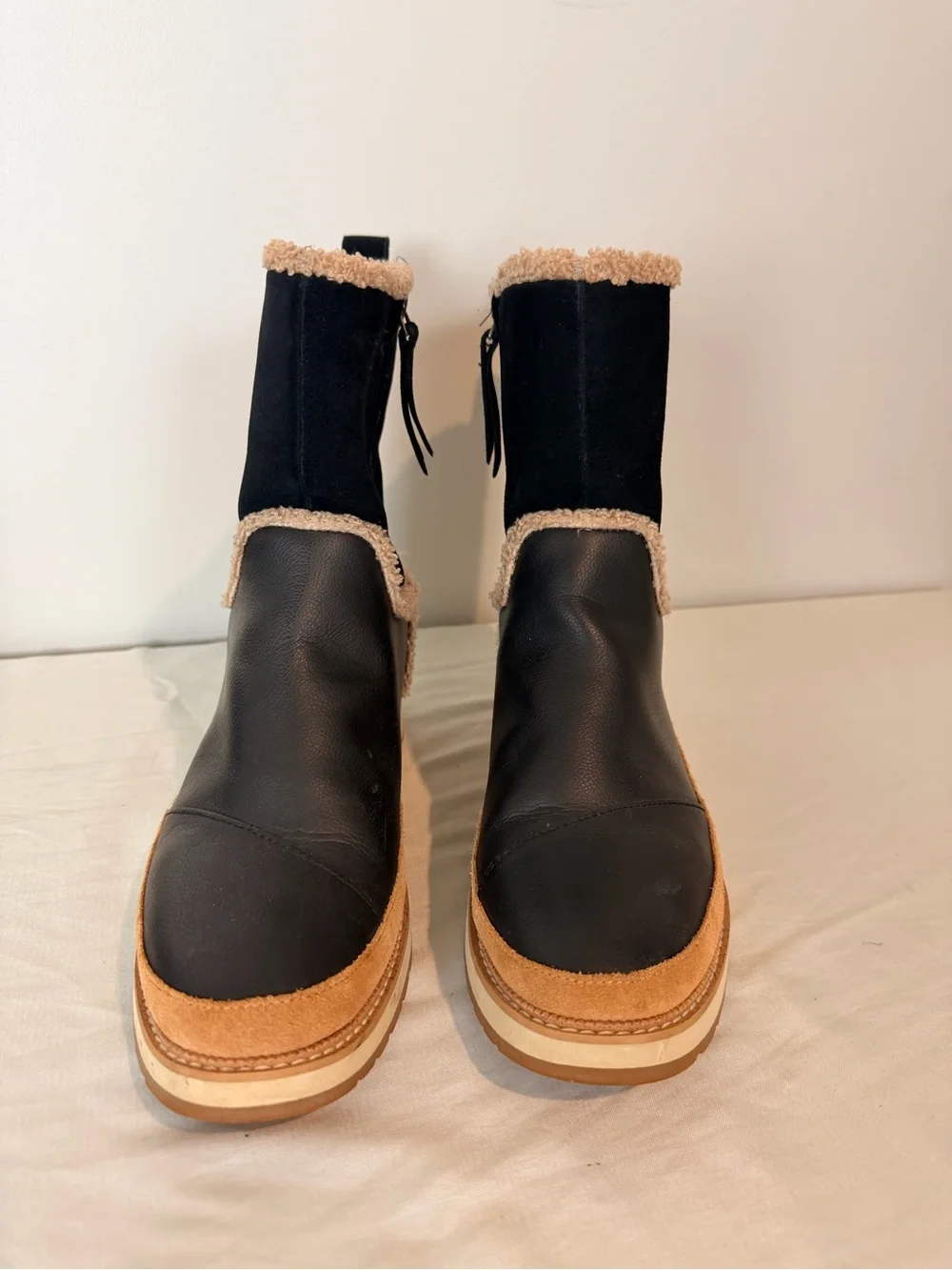 TOMS Black Shearling-Trim Winter Pull-On Boot with Tan Platform